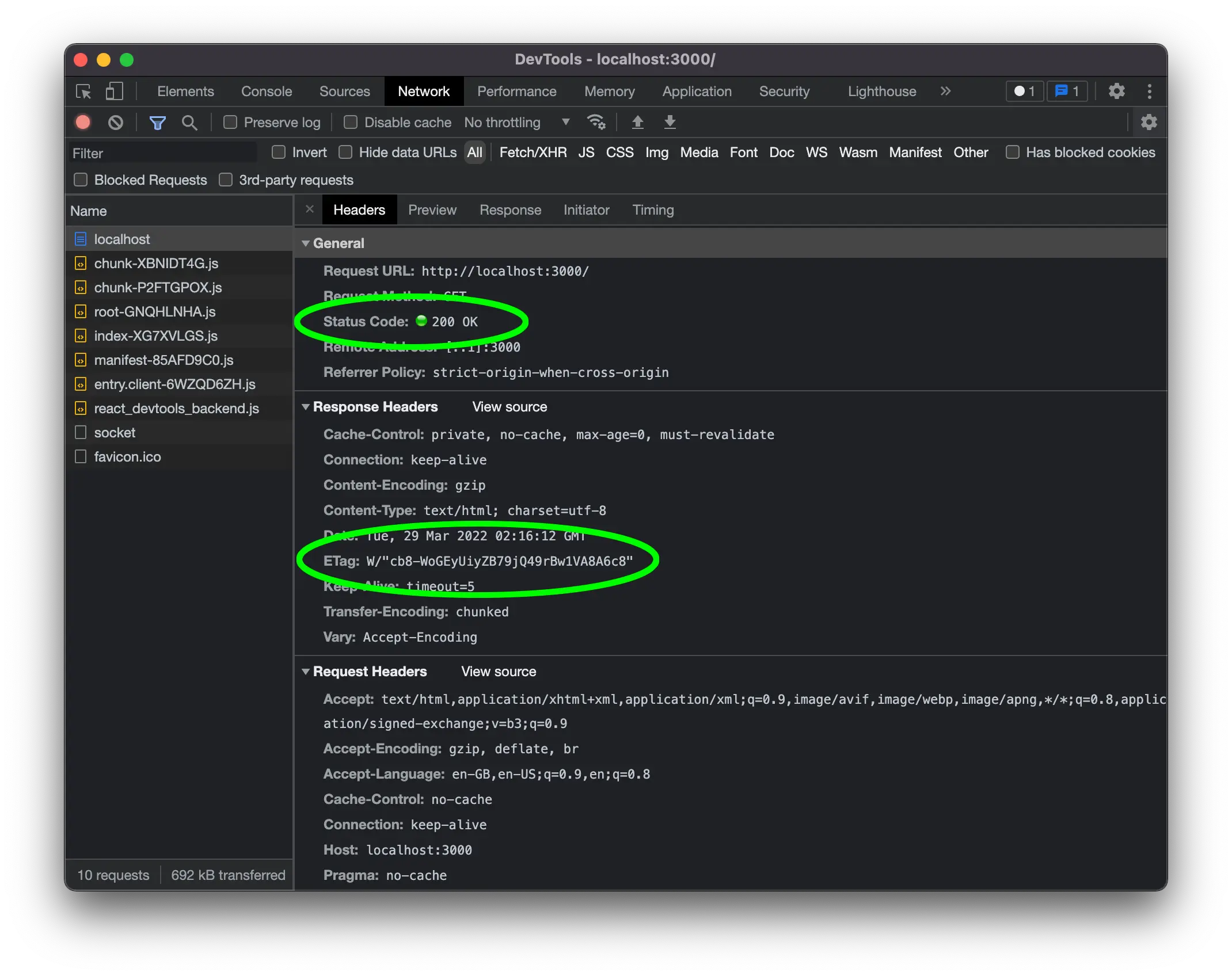 Chrome Dev Tools screenshot showing a 200 OK response